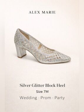Alex Marie Silver Glitter Block Heel Pumps Size 7M Wedding Prom